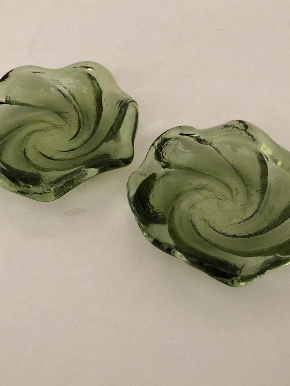 LOT OF 2: Vintage Fenton 5.5" Olive Green Swirl Molded Glass Ashtray Candy Dish